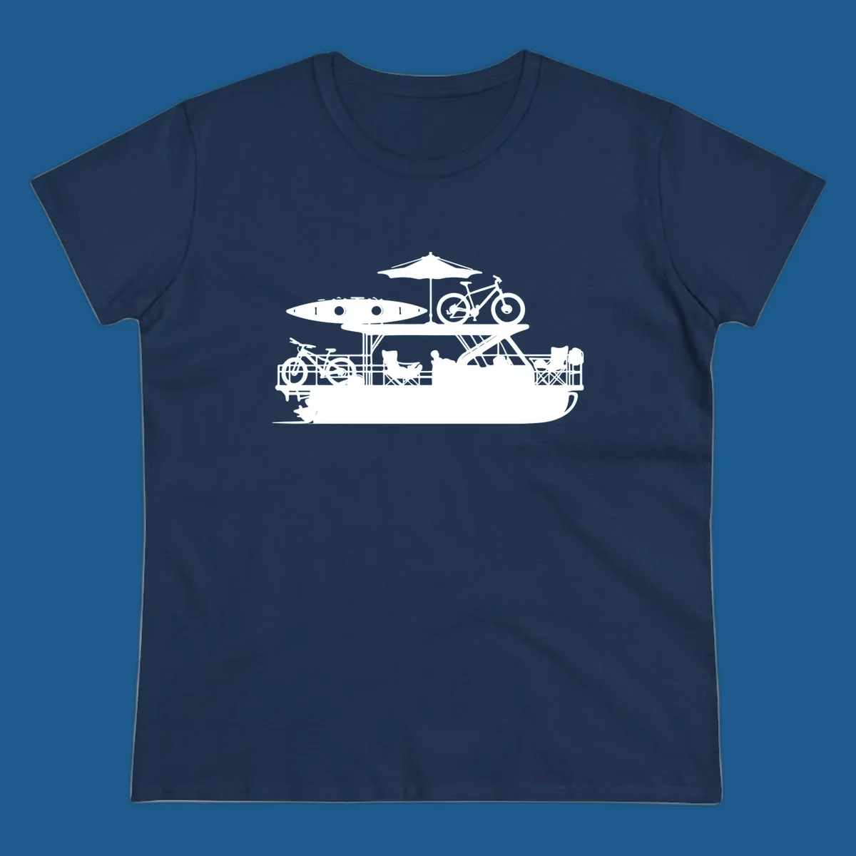 Pontoon boat lifestyle illustration with kayak, bikes, umbrella, and chairs. pontoon-boat-lifestyle
