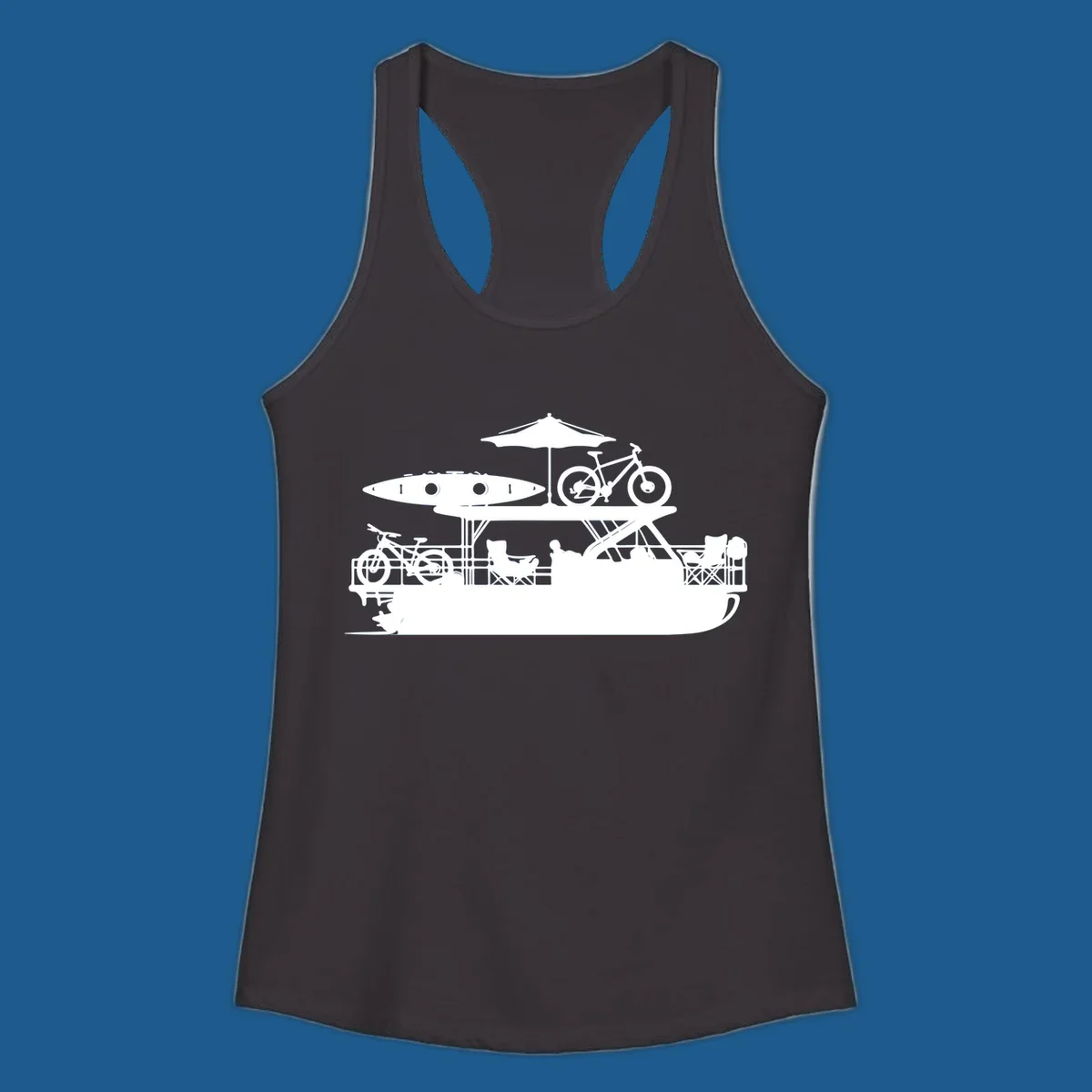 Pontoon boat lifestyle illustration with kayak, bikes, umbrella, and chairs. pontoon-boat-lifestyle
