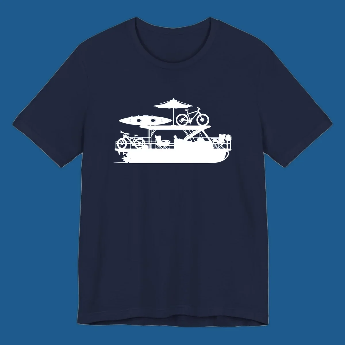 Pontoon boat lifestyle illustration with kayak, bikes, umbrella, and chairs. pontoon-boat-lifestyle