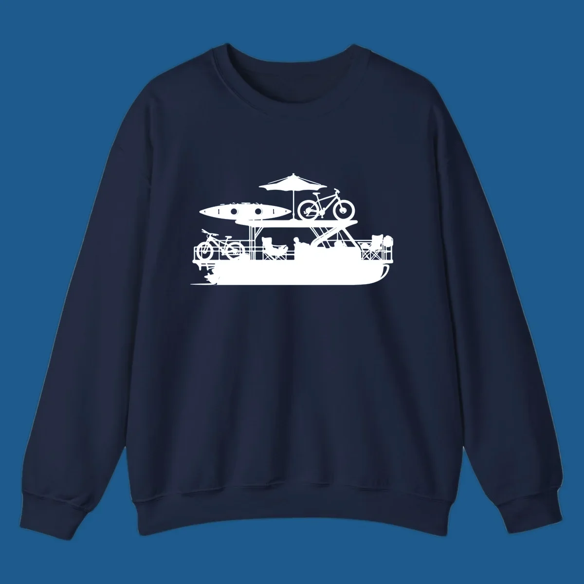 Pontoon boat lifestyle illustration with kayak, bikes, umbrella, and chairs. pontoon-boat-lifestyle