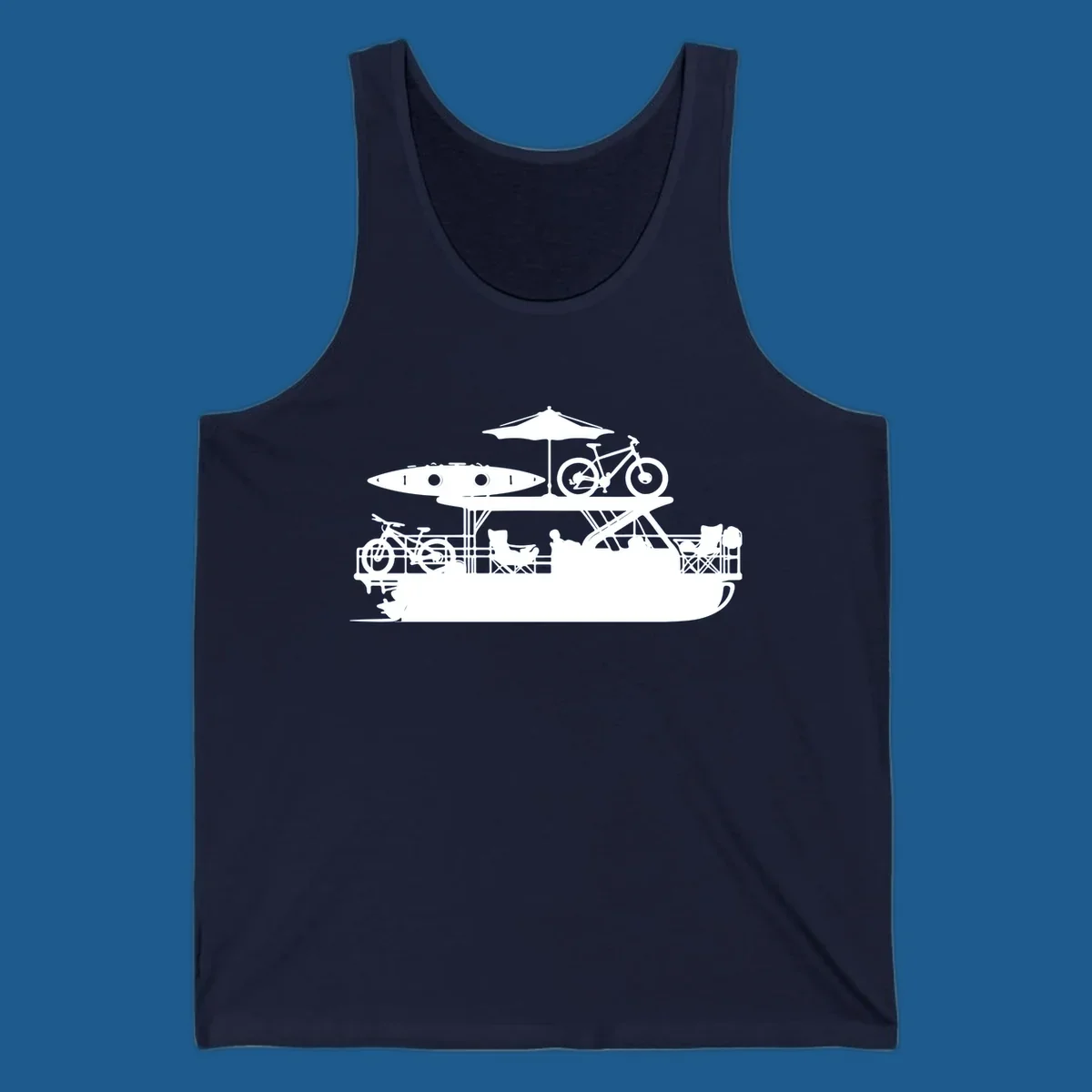 Pontoon boat lifestyle illustration with kayak, bikes, umbrella, and chairs. pontoon-boat-lifestyle