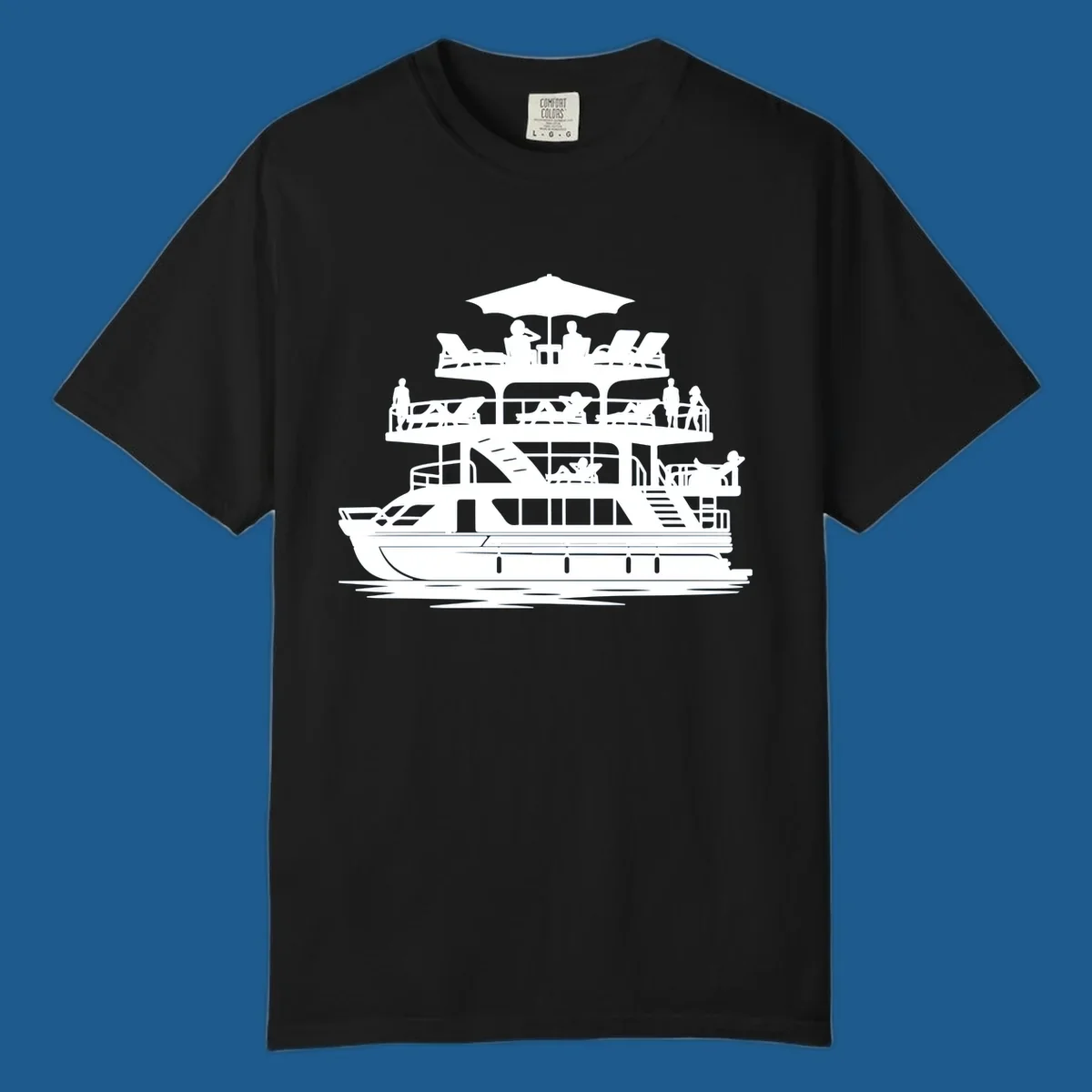Pontoon boat leisure illustration with people relaxing and enjoying the sun.