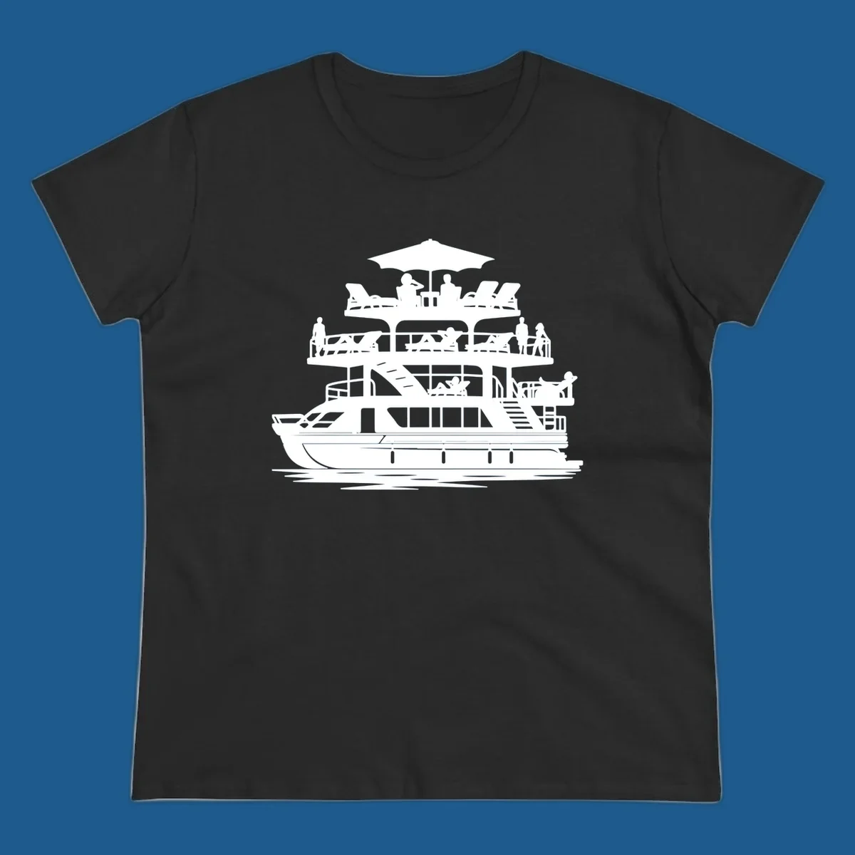 Pontoon boat leisure illustration with people relaxing and enjoying the sun.