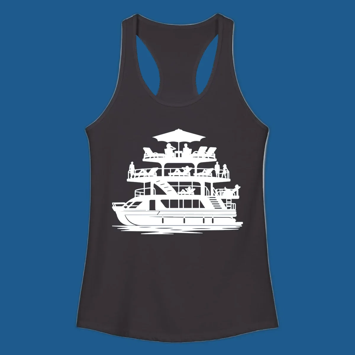 Pontoon boat leisure illustration with people relaxing and enjoying the sun.