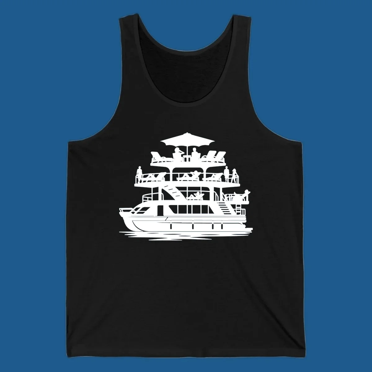 Pontoon boat leisure illustration with people relaxing and enjoying the sun.