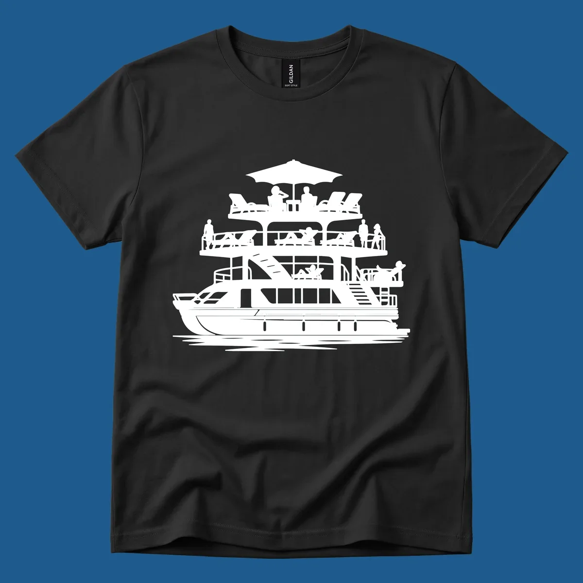 Pontoon boat leisure illustration with people relaxing and enjoying the sun.