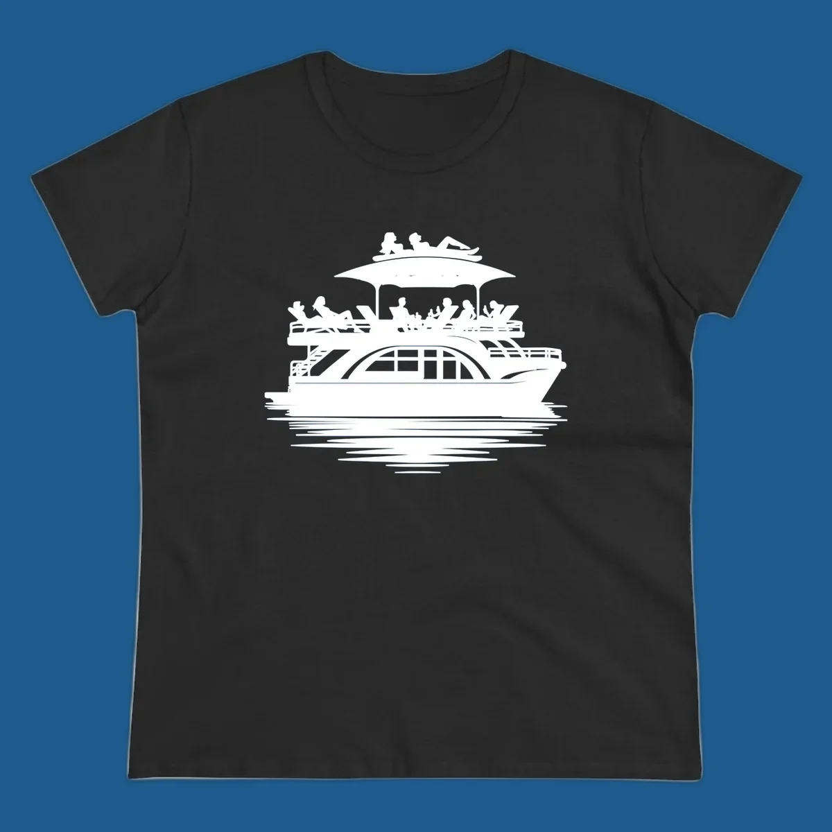 Pontoon party people relaxing on a boat with water reflection.