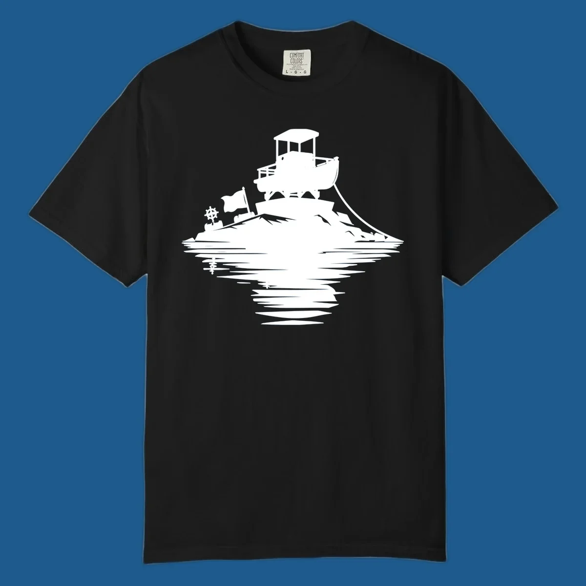 White silhouette of a pontoon island adventure with boat, flag, and reflection.