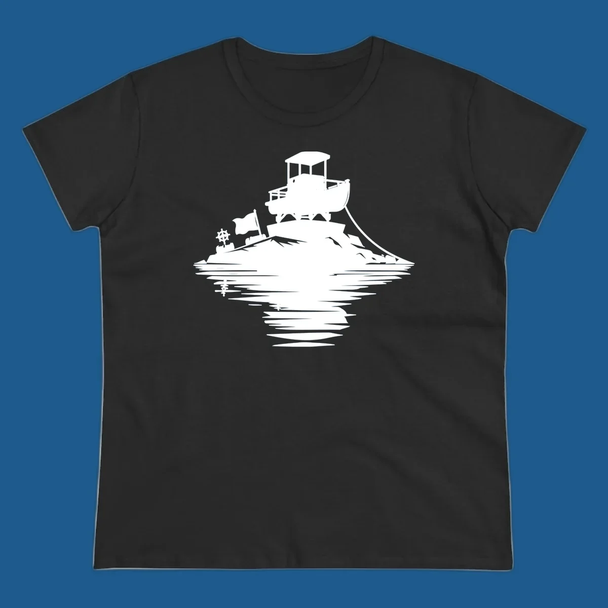 White silhouette of a pontoon island adventure with boat, flag, and reflection.