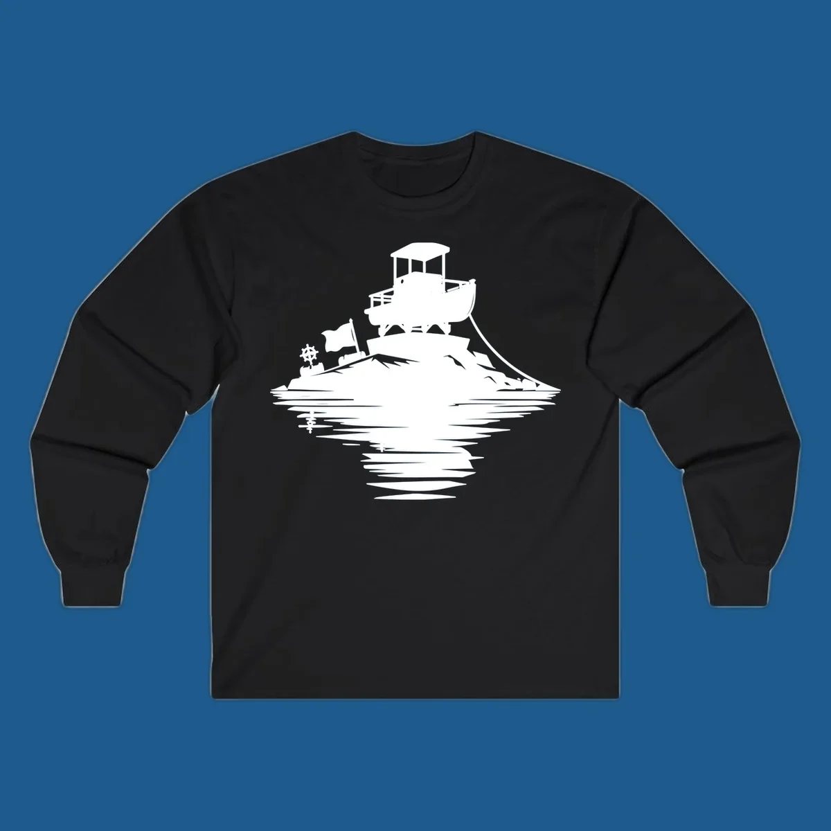 White silhouette of a pontoon island adventure with boat, flag, and reflection.