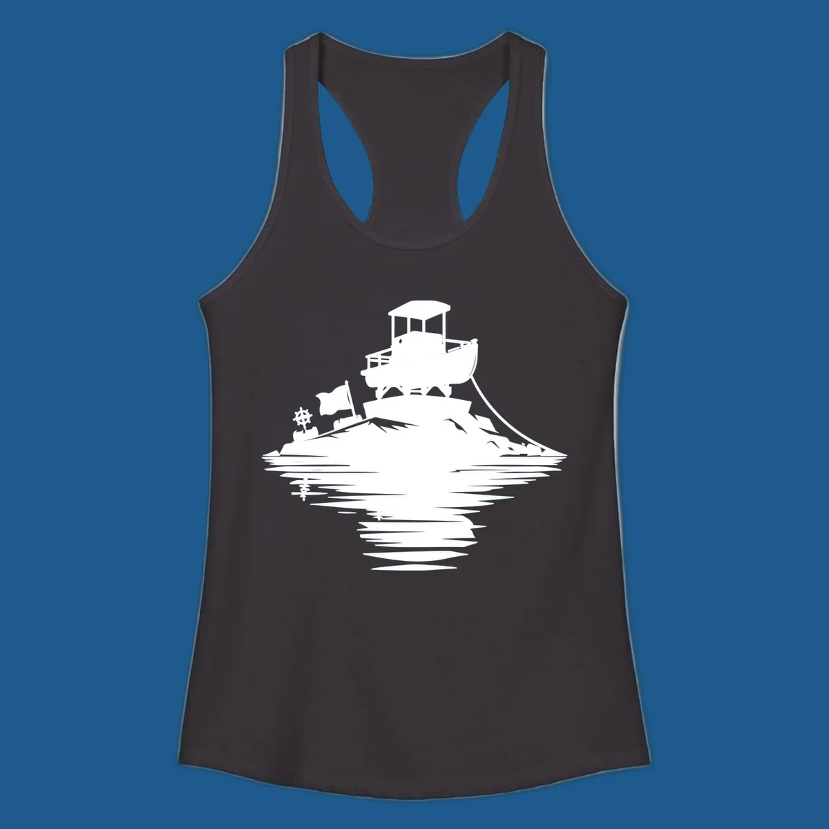 White silhouette of a pontoon island adventure with boat, flag, and reflection.