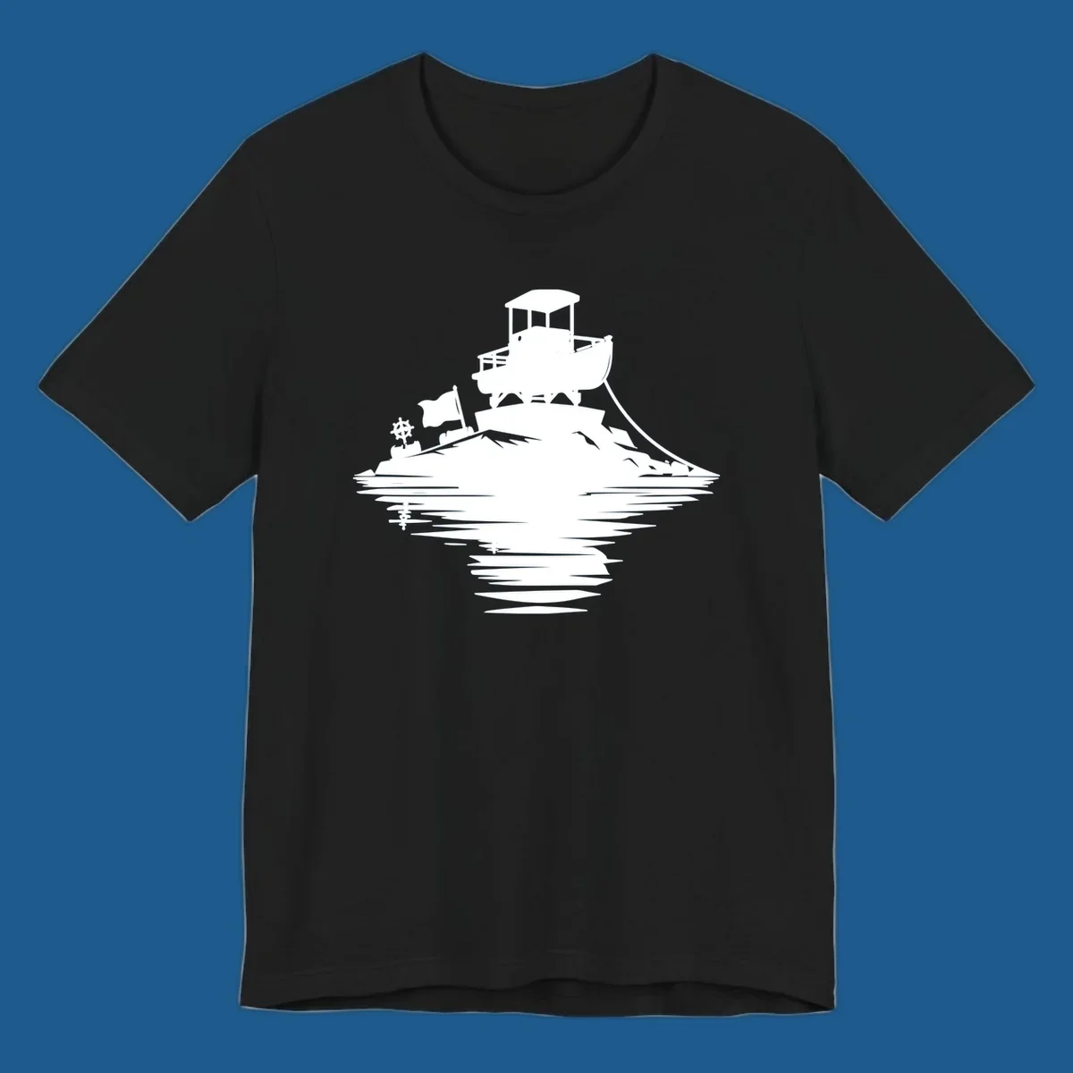 White silhouette of a pontoon island adventure with boat, flag, and reflection.