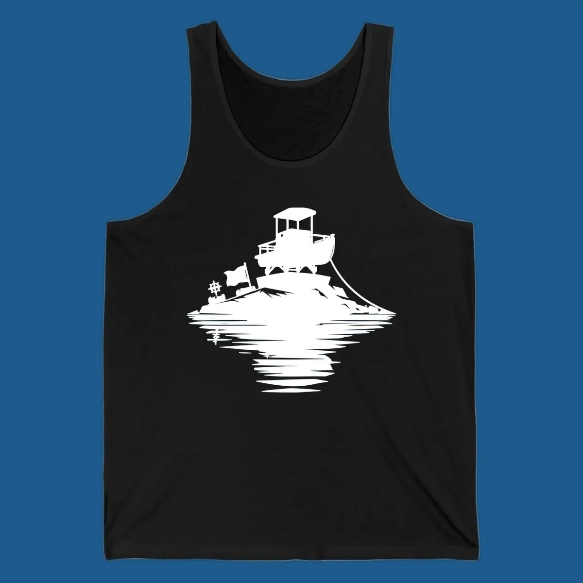 White silhouette of a pontoon island adventure with boat, flag, and reflection.