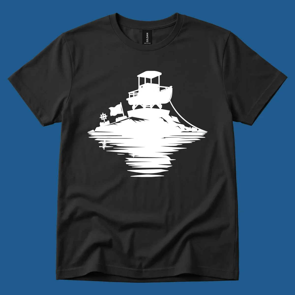 White silhouette of a pontoon island adventure with boat, flag, and reflection.