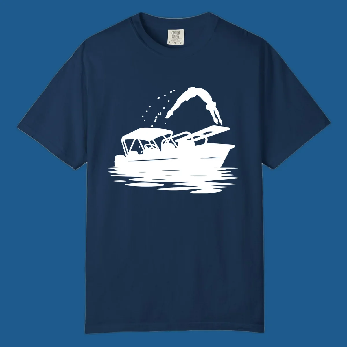 Silhouette of a person diving off a pontoon boat, boat-diving-fun
