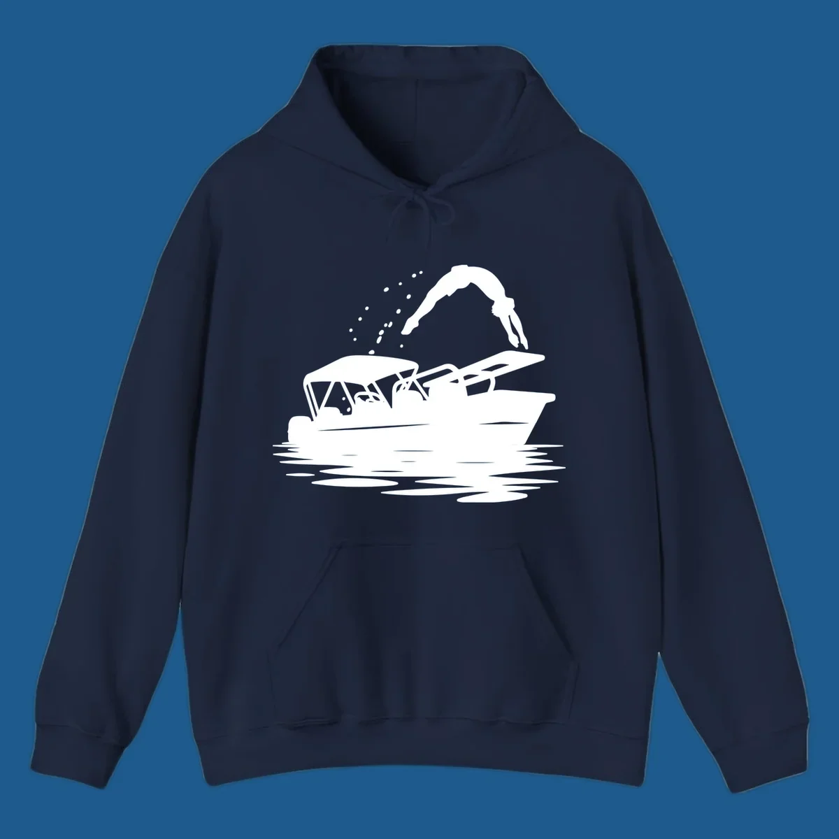 Silhouette of a person diving off a pontoon boat, boat-diving-fun
