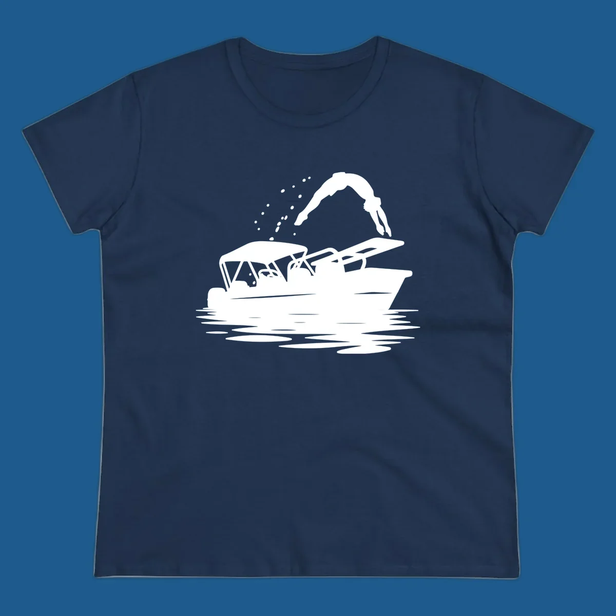 Silhouette of a person diving off a pontoon boat, boat-diving-fun