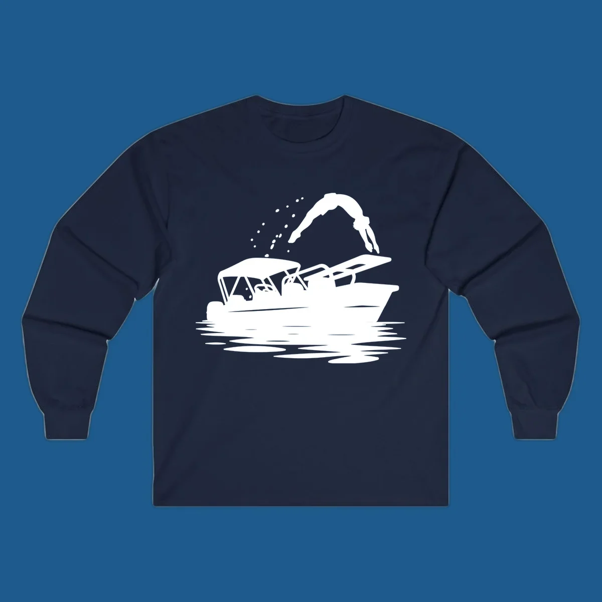 Silhouette of a person diving off a pontoon boat, boat-diving-fun