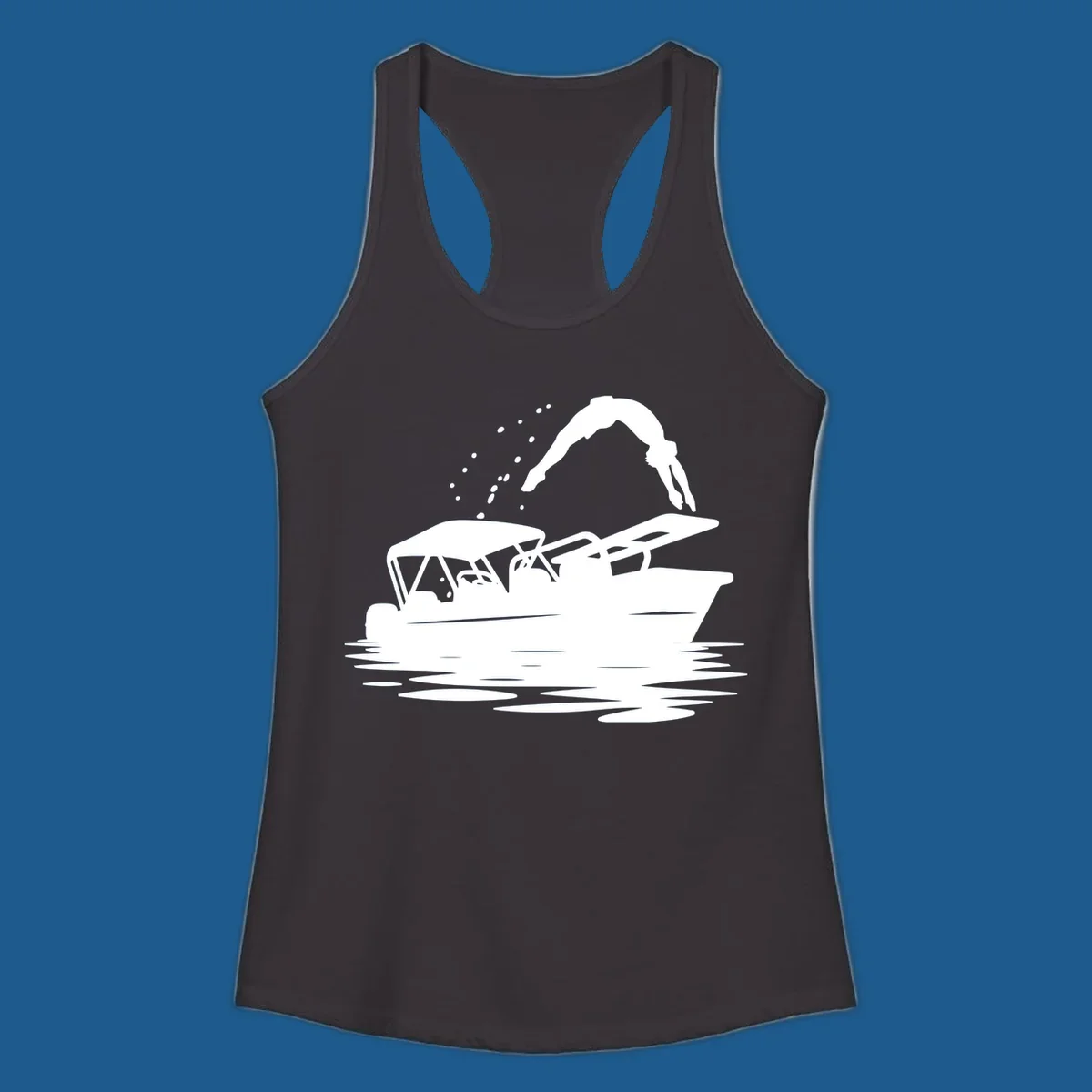 Silhouette of a person diving off a pontoon boat, boat-diving-fun