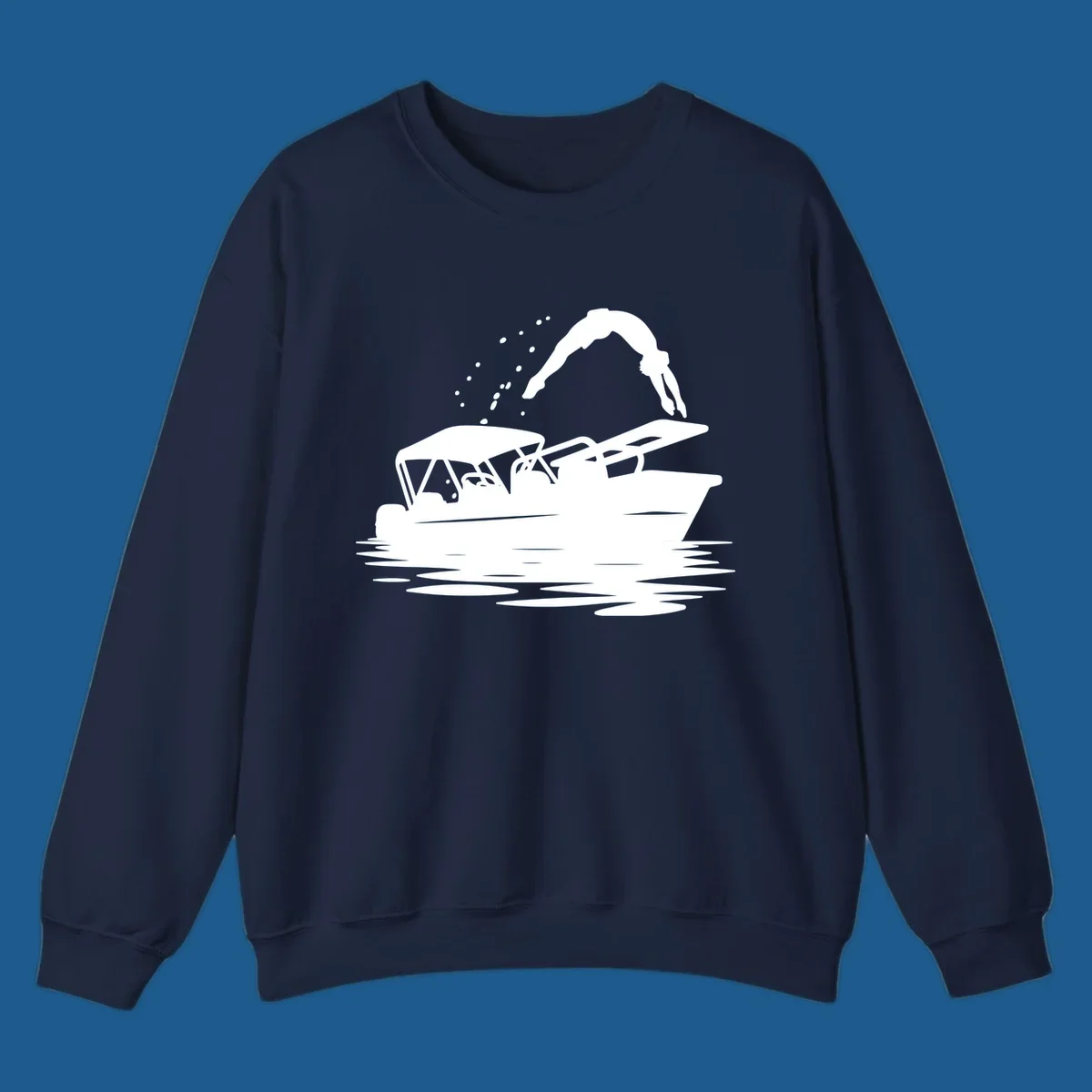 Silhouette of a person diving off a pontoon boat, boat-diving-fun