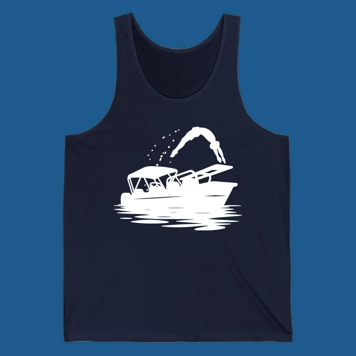 Silhouette of a person diving off a pontoon boat, boat-diving-fun
