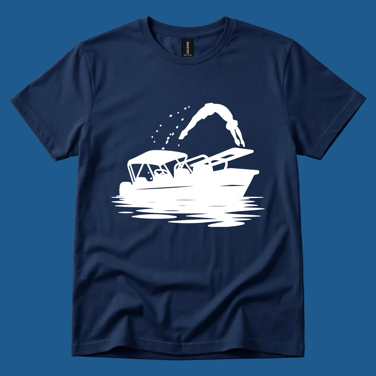 Silhouette of a person diving off a pontoon boat, boat-diving-fun