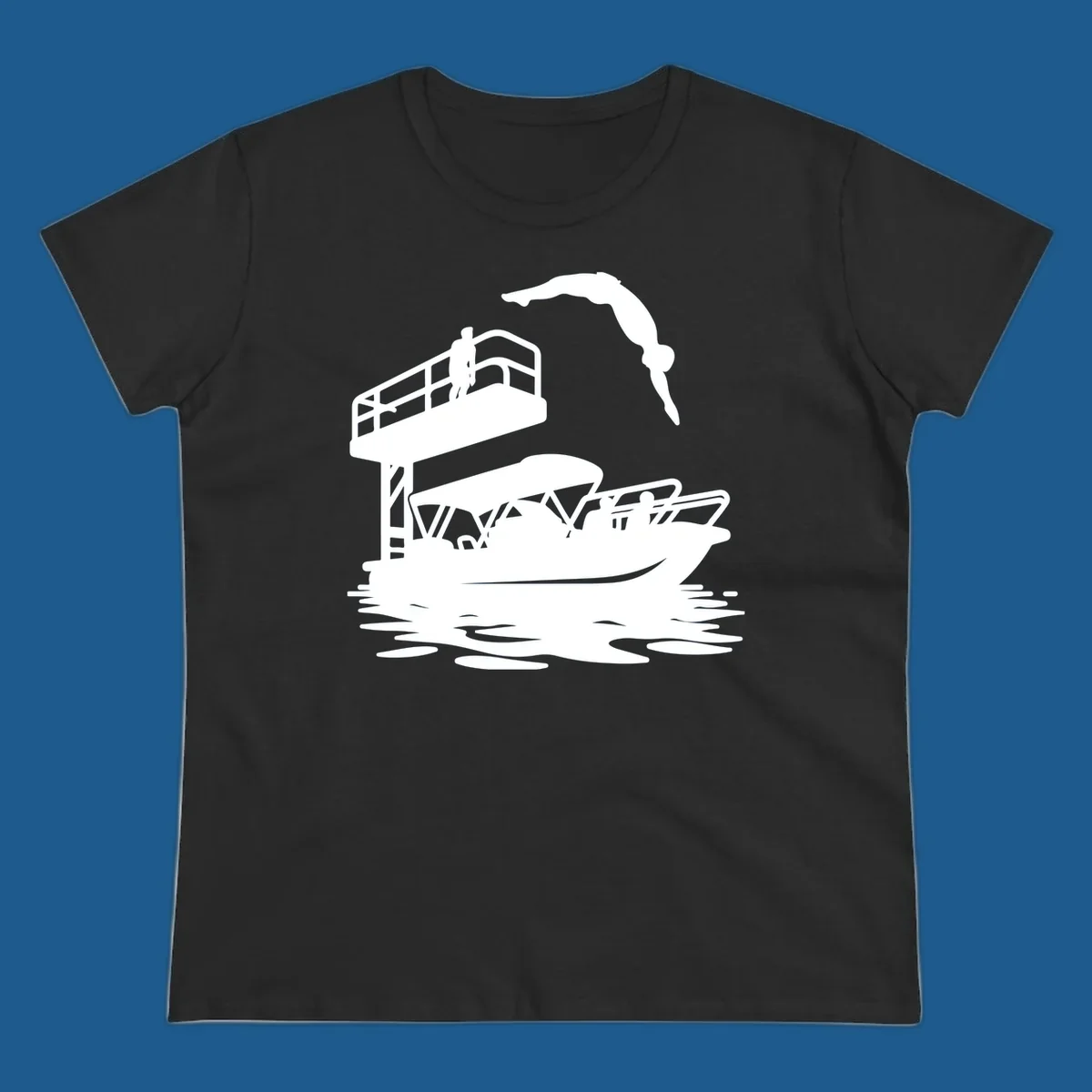 Diver jumping from a diving board towards a pontoon boat, pontoon-diving-fun