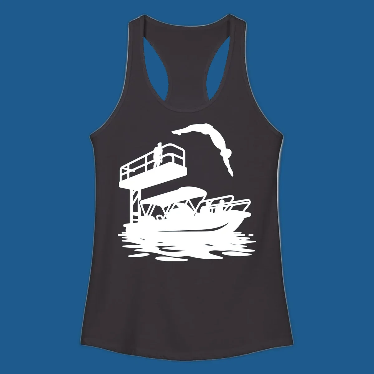Diver jumping from a diving board towards a pontoon boat, pontoon-diving-fun