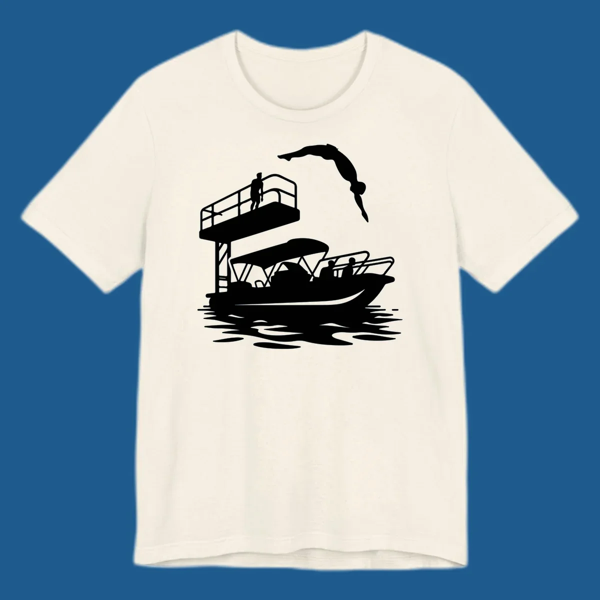 Diver jumping from a diving board towards a pontoon boat, pontoon-diving-fun