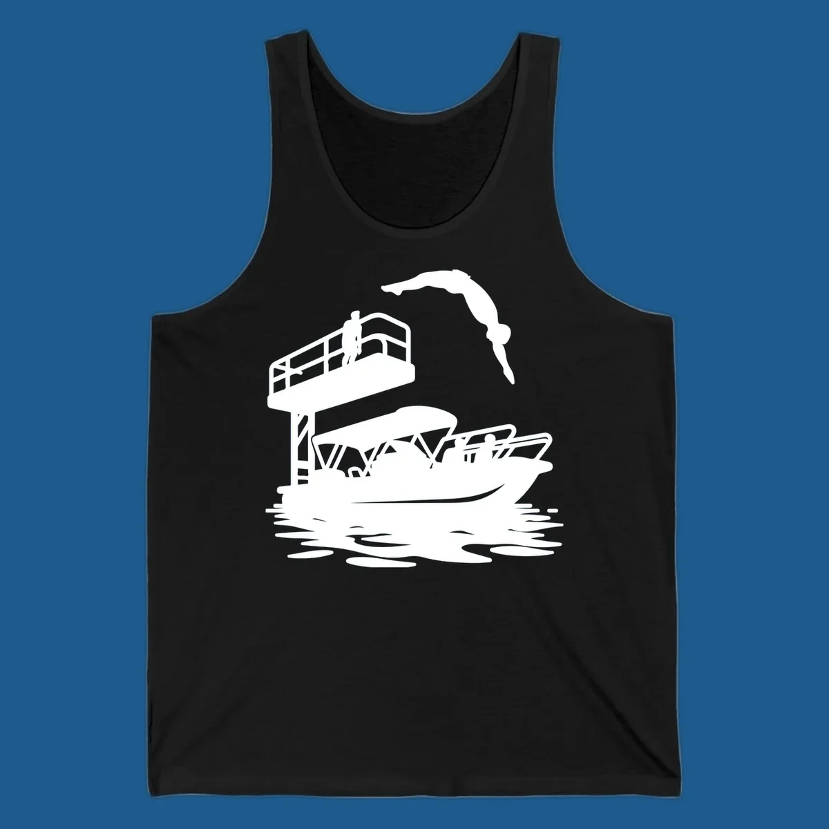 Diver jumping from a diving board towards a pontoon boat, pontoon-diving-fun