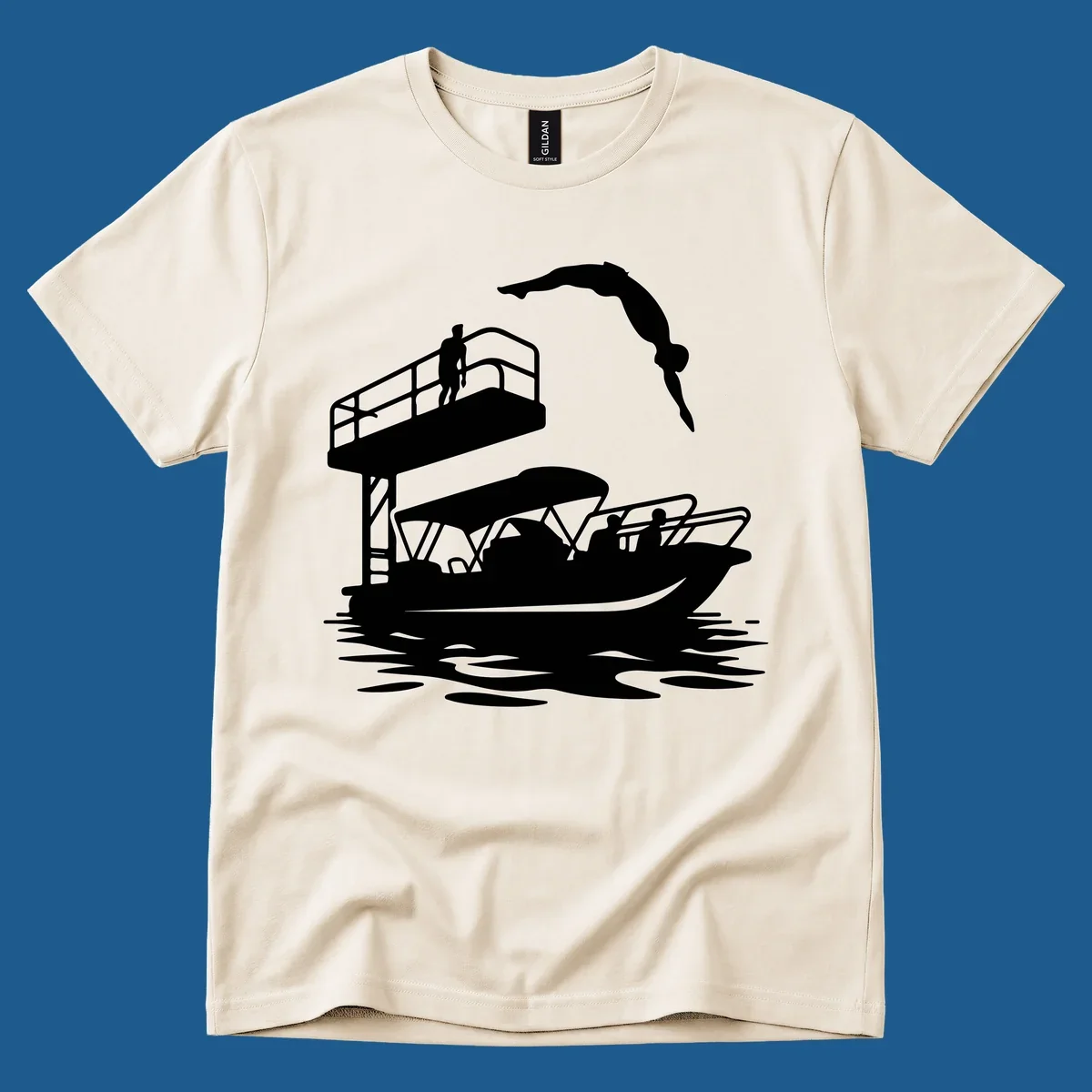 Diver jumping from a diving board towards a pontoon boat, pontoon-diving-fun