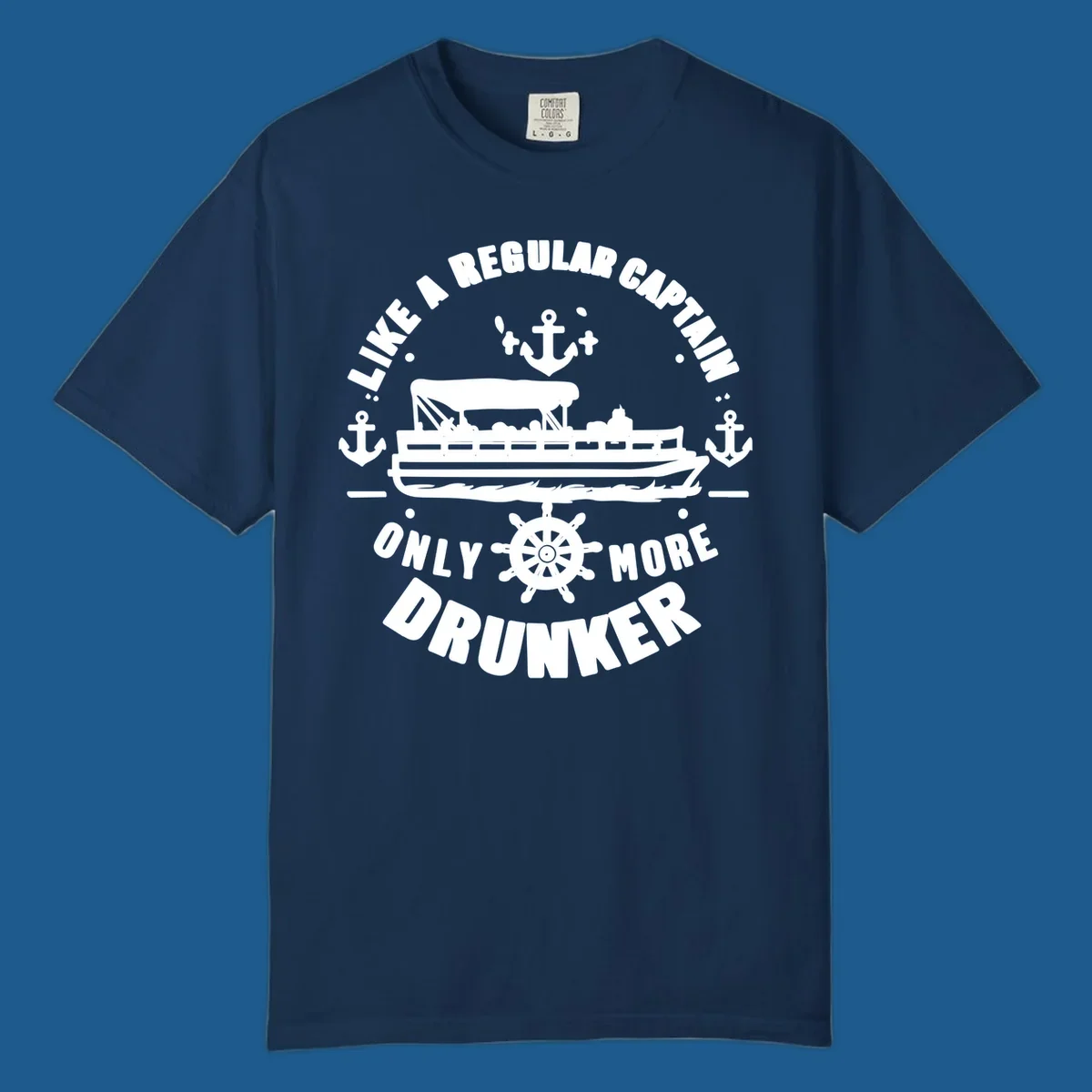 Funny pontoon captain text with boat, anchors, and ship's wheel.