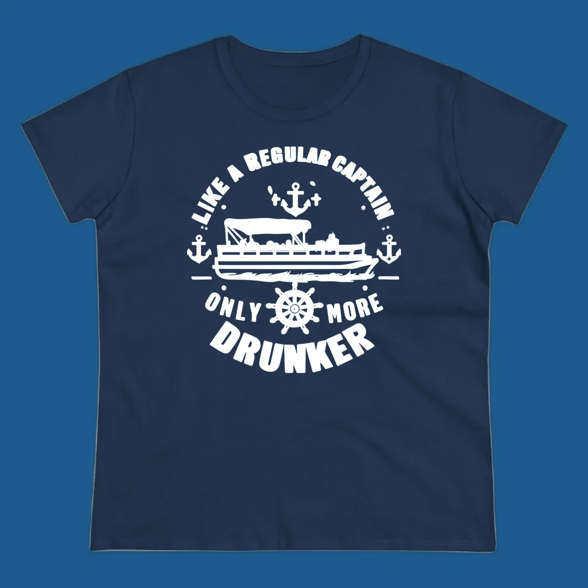Funny pontoon captain text with boat, anchors, and ship's wheel.