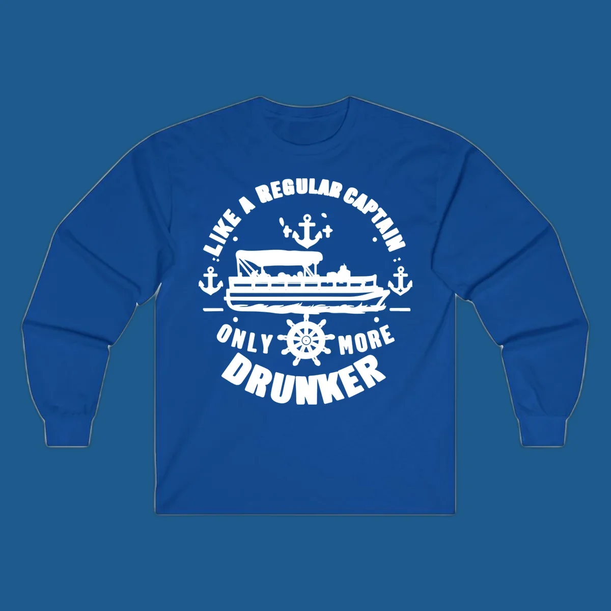 Funny pontoon captain text with boat, anchors, and ship's wheel.