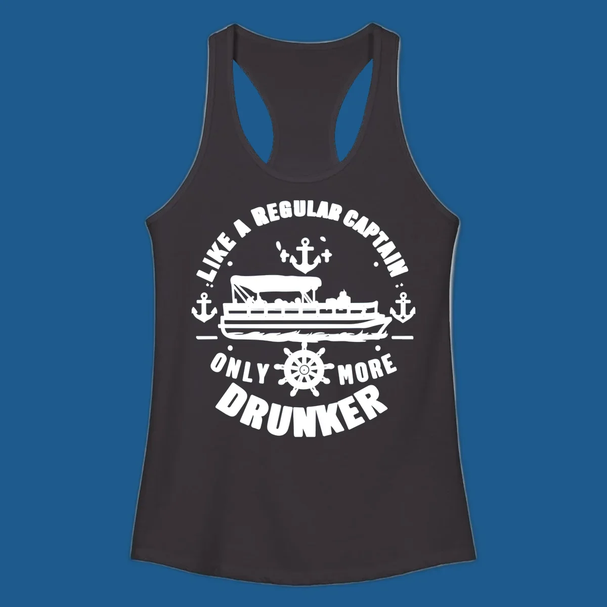 Funny pontoon captain text with boat, anchors, and ship's wheel.