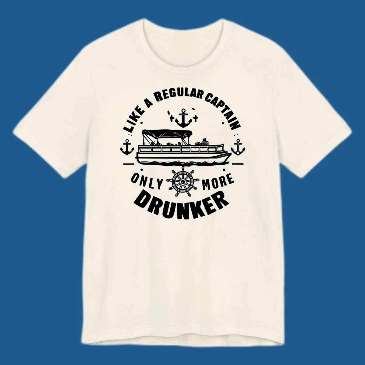 Funny pontoon captain text with boat, anchors, and ship's wheel.