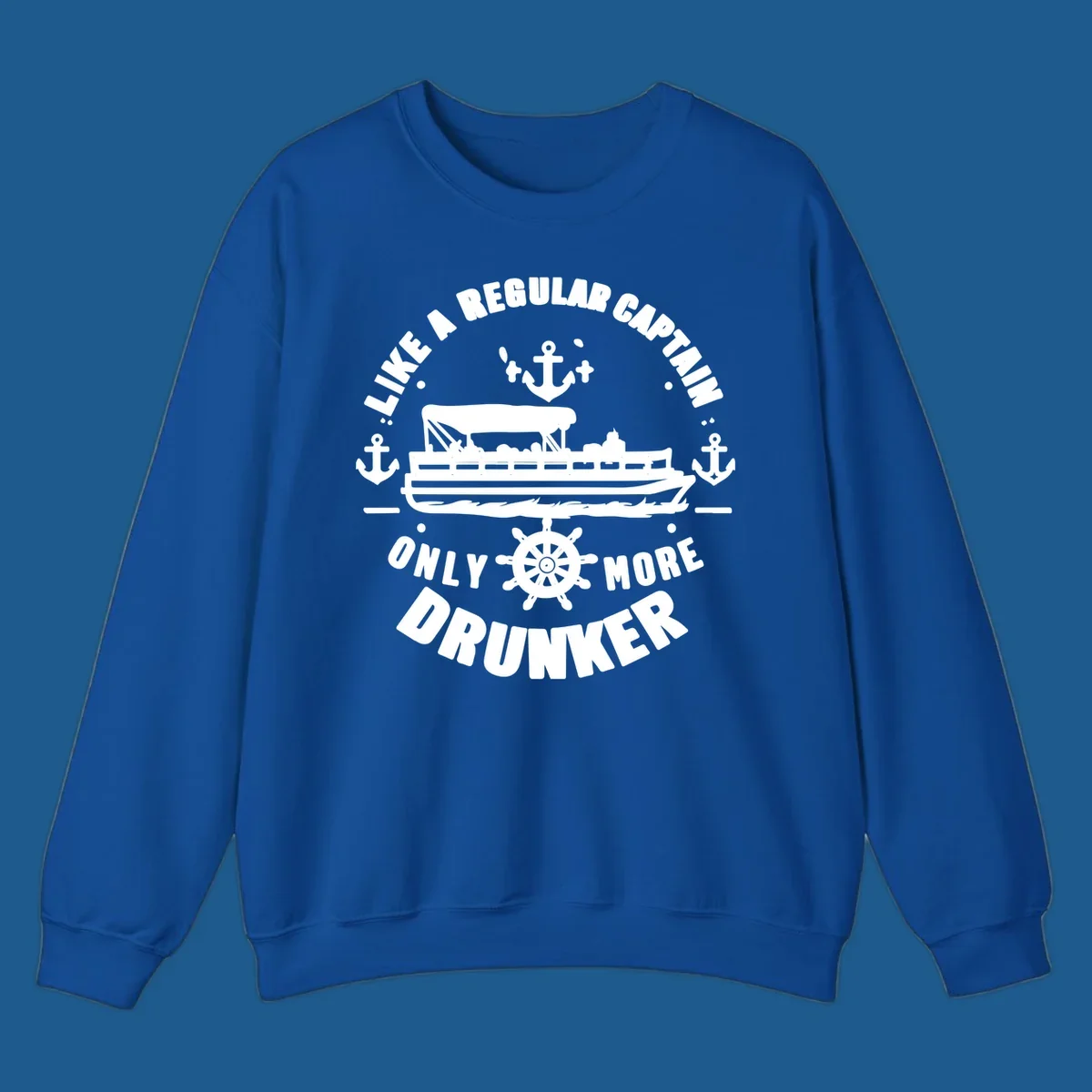 Funny pontoon captain text with boat, anchors, and ship's wheel.