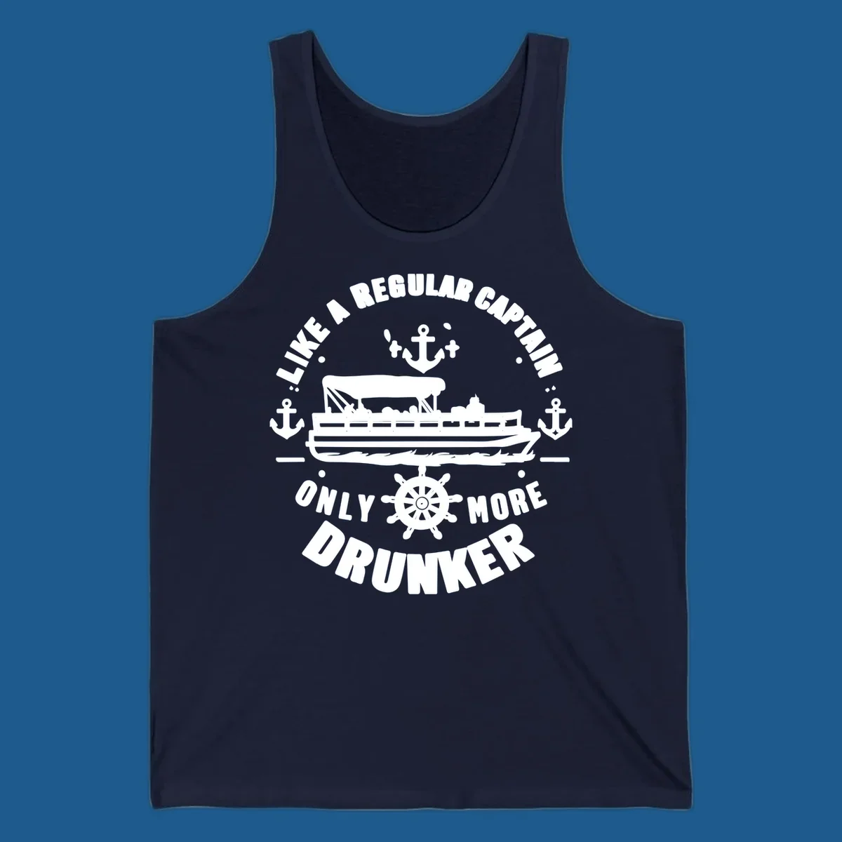 Funny pontoon captain text with boat, anchors, and ship's wheel.