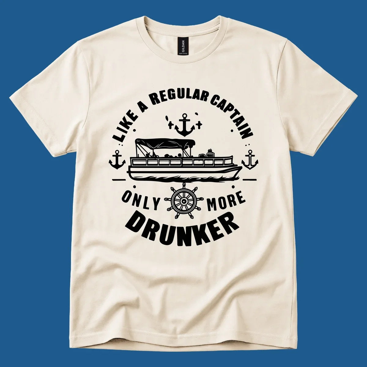 Funny pontoon captain text with boat, anchors, and ship's wheel.