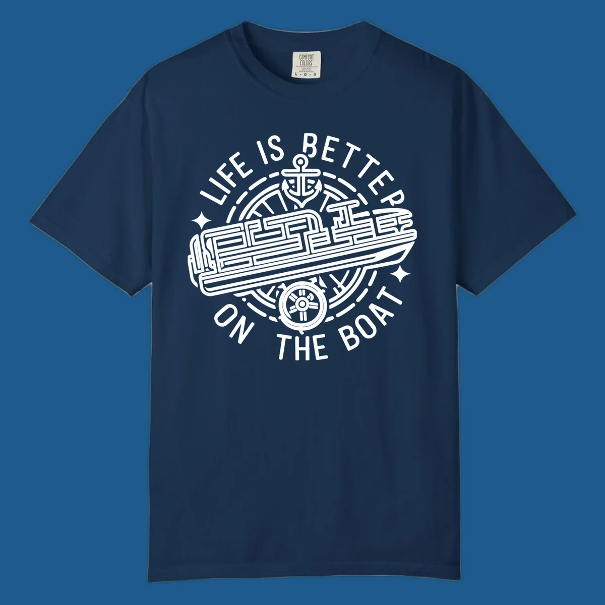 Circular design with text 'Life Is Better On The Boat', anchor, ship's wheel, and stylized boat for boat life.