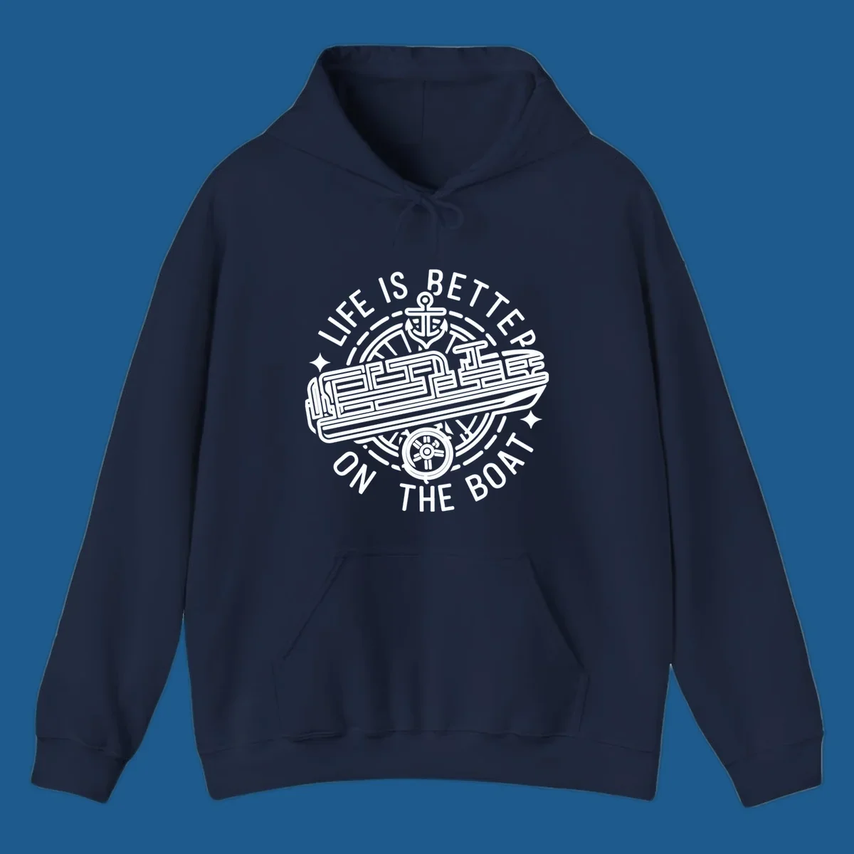 Circular design with text 'Life Is Better On The Boat', anchor, ship's wheel, and stylized boat for boat life.