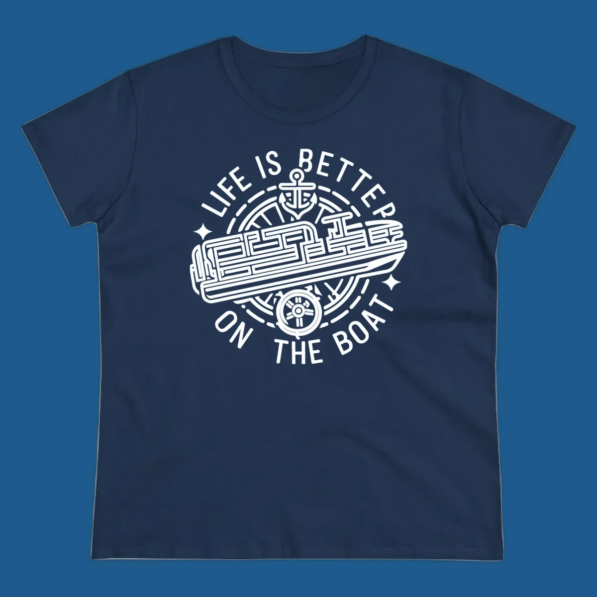 Circular design with text 'Life Is Better On The Boat', anchor, ship's wheel, and stylized boat for boat life.