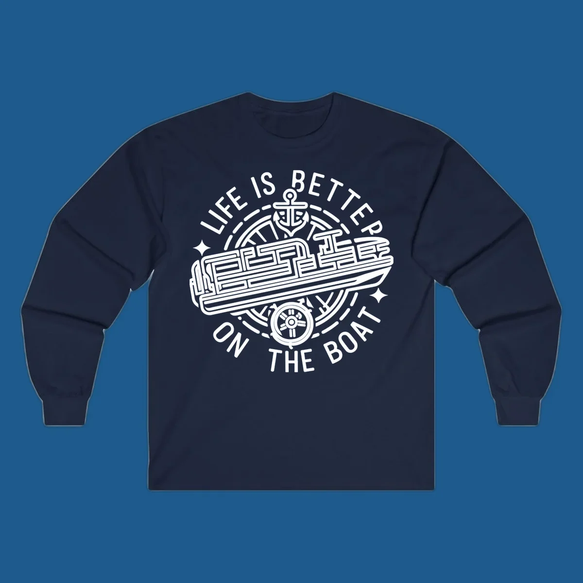 Circular design with text 'Life Is Better On The Boat', anchor, ship's wheel, and stylized boat for boat life.