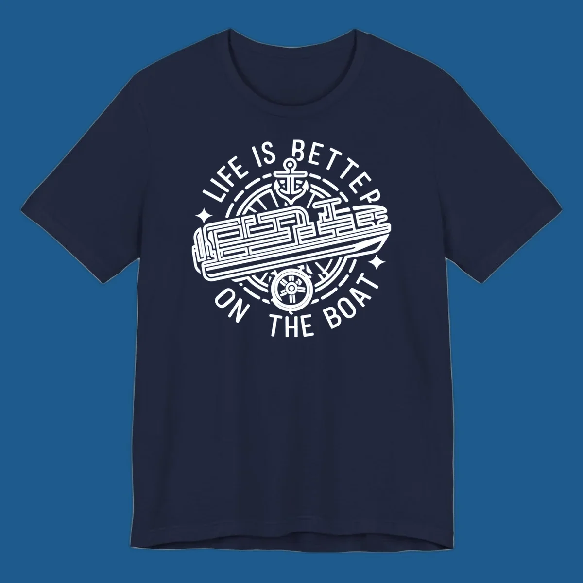 Circular design with text 'Life Is Better On The Boat', anchor, ship's wheel, and stylized boat for boat life.