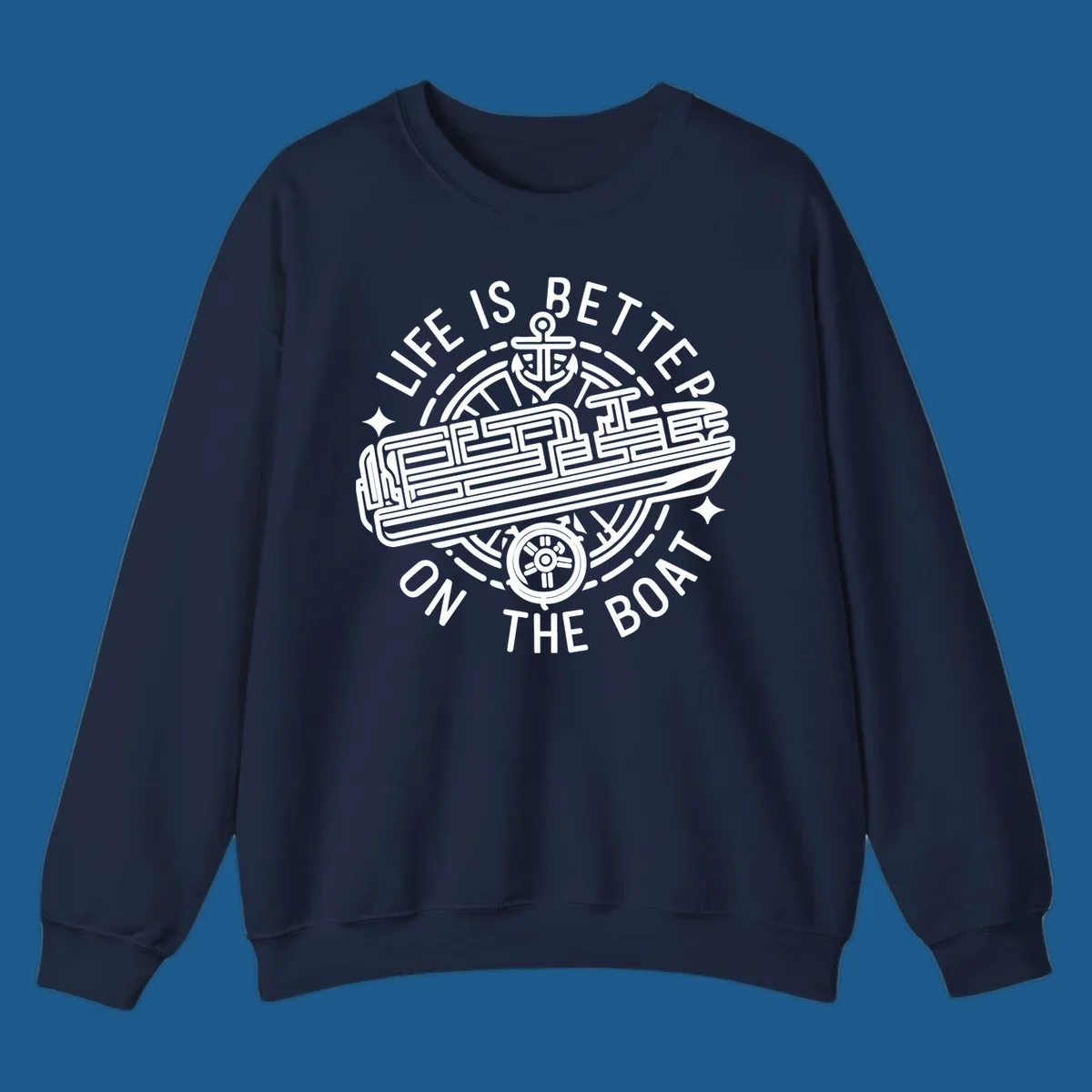 Circular design with text 'Life Is Better On The Boat', anchor, ship's wheel, and stylized boat for boat life.