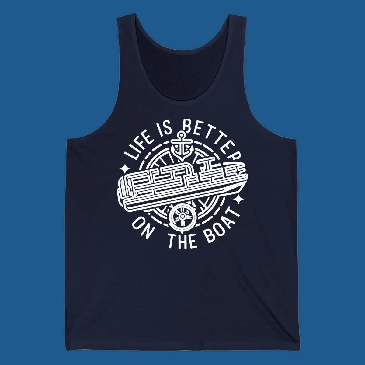 Circular design with text 'Life Is Better On The Boat', anchor, ship's wheel, and stylized boat for boat life.
