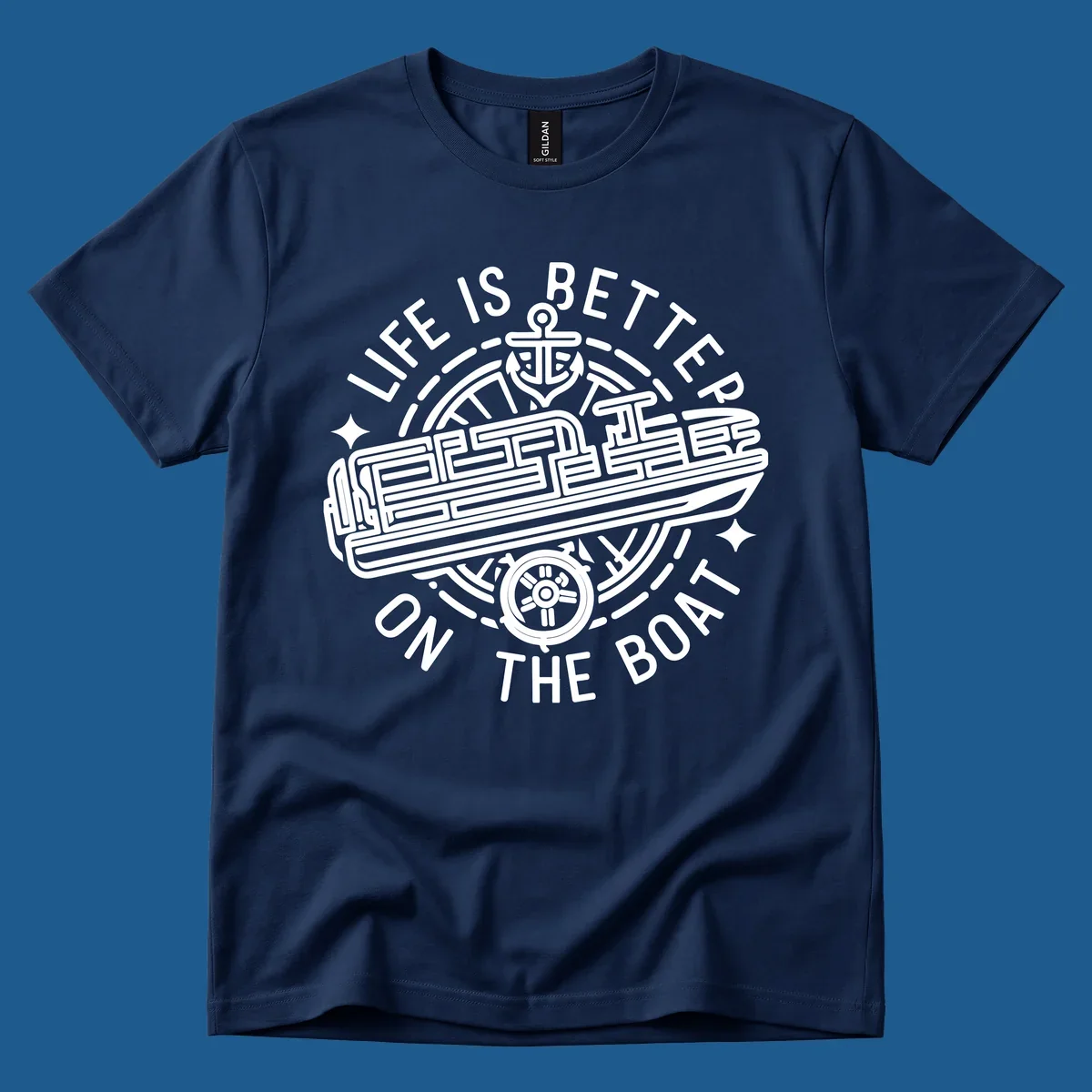 Circular design with text 'Life Is Better On The Boat', anchor, ship's wheel, and stylized boat for boat life.