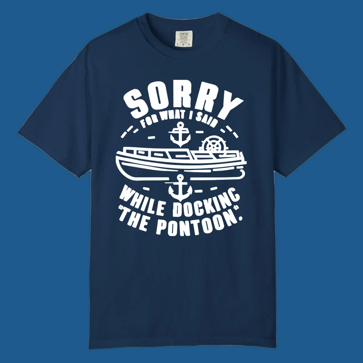 Text and illustration of a pontoon boat with anchors and a ship wheel, related to docking the pontoon.