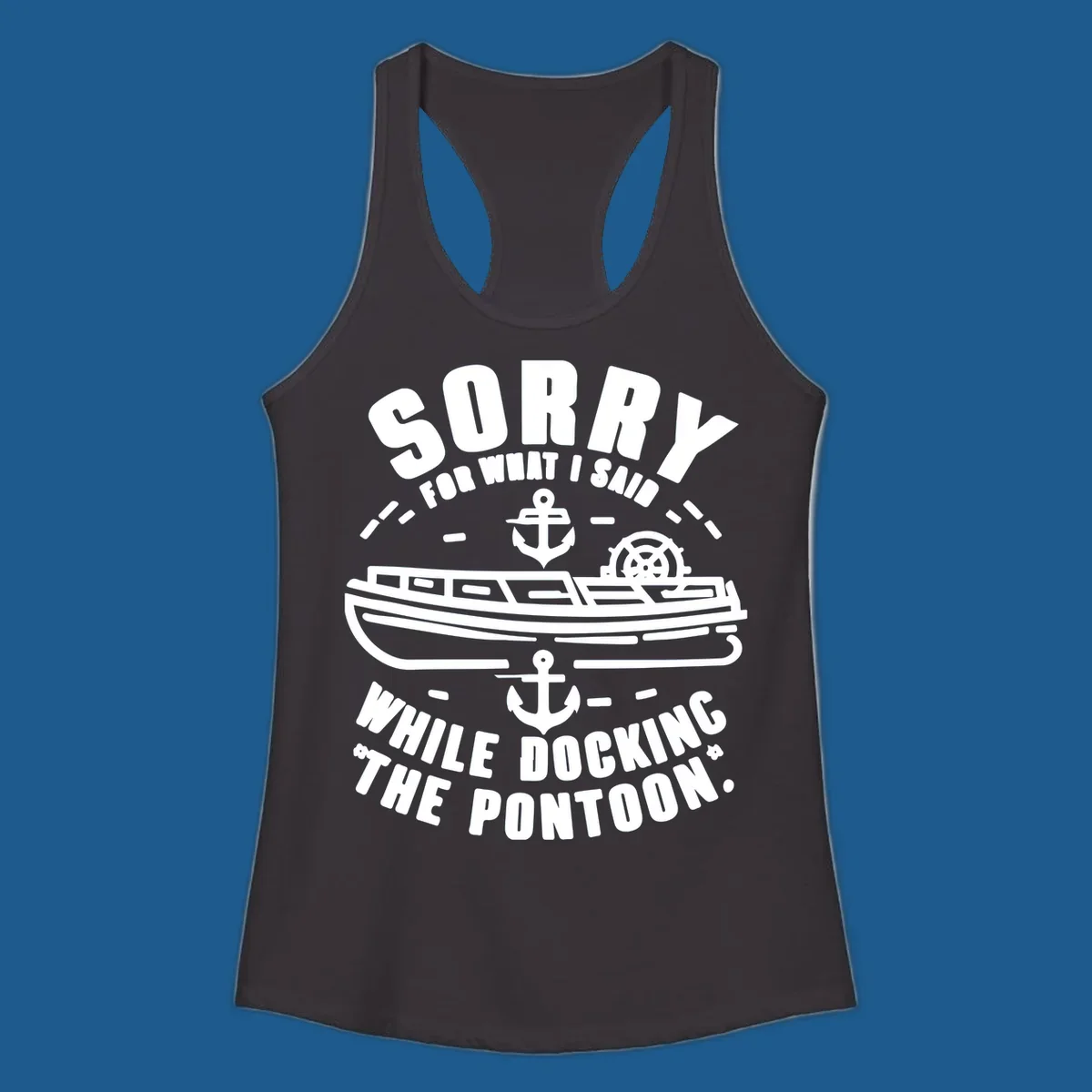 Text and illustration of a pontoon boat with anchors and a ship wheel, related to docking the pontoon.