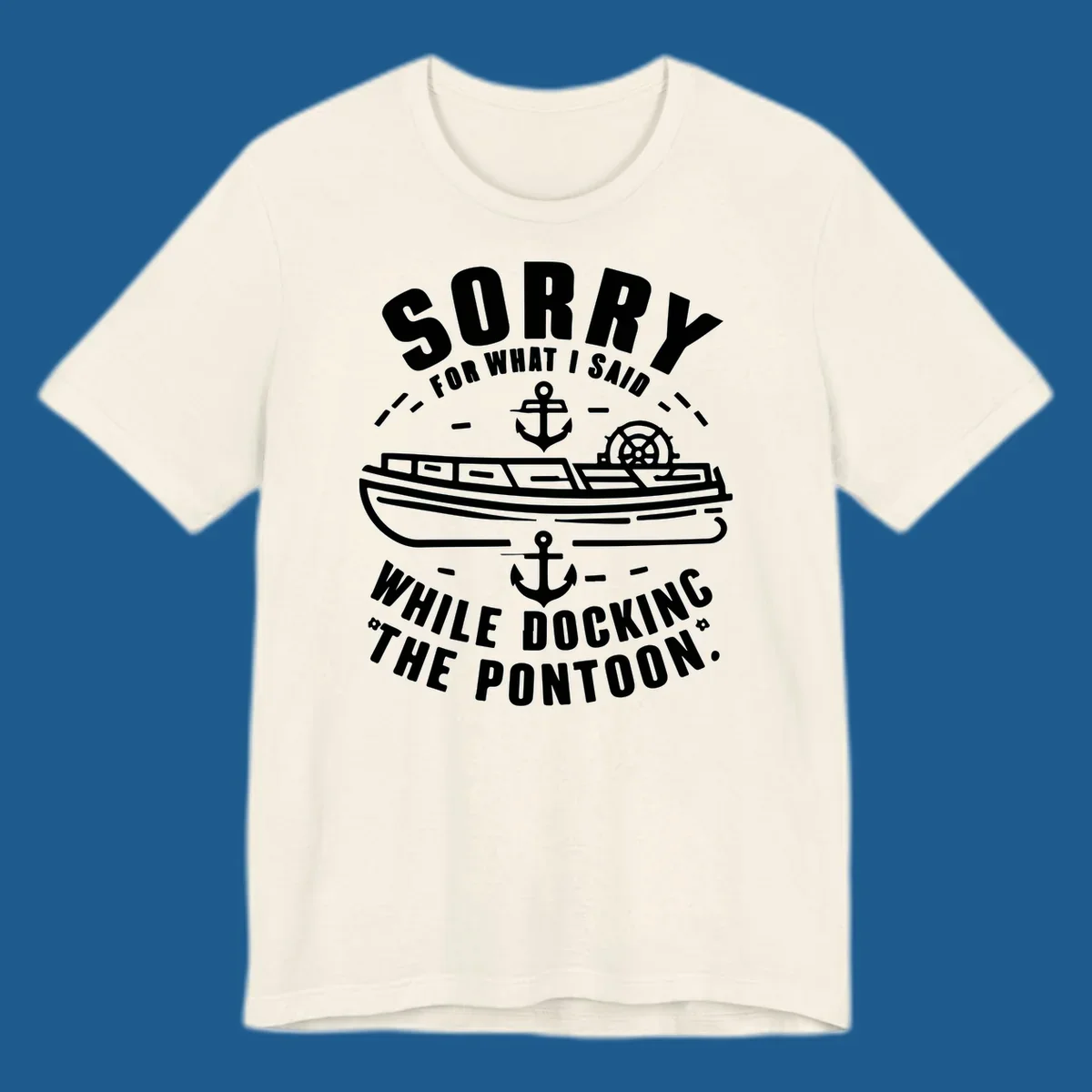 Text and illustration of a pontoon boat with anchors and a ship wheel, related to docking the pontoon.
